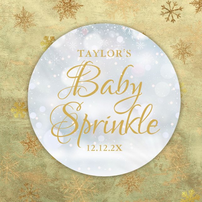 Pegatina Redonda Lluvia de Bebé Copos de Nieve por Primera Vez (First Snowflakes Baby Sprinkle Shower Classic Round Sticker)