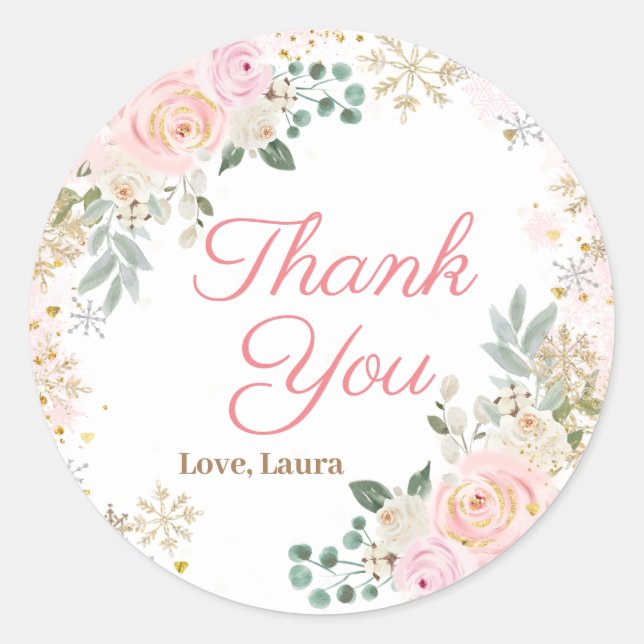 Pegatina Redonda Lluvia de Bebé Floral de Copo de Nieve Rosa Invern (Anverso)