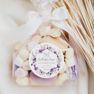 Pegatina Redonda Lluvia de besos de mariposa morada plata baby show