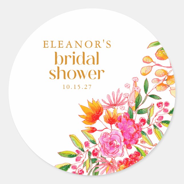 Pegatina Redonda Lluvia de boda de flor de acuarela rosa naranja mo (Anverso)
