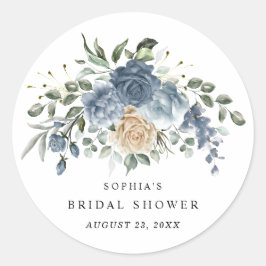 Pegatina Redonda Lluvia de Boda Floral Azul Polvo y Champán
