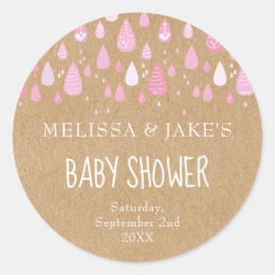 Pegatina Redonda Lluvia de gotas rosadas para baby shower rústica d