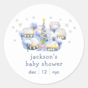 Pegatina Redonda Lluvia De Invierno Azul Baby Shower "Se Necesita U