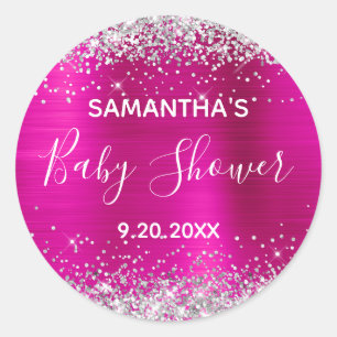 Pegatina Redonda Lluvia de Plata Rosa Caliente Baby Shower