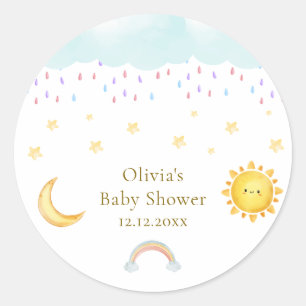 Pegatina Redonda Lluvia de Sol Luna Estrellas Arco Iris Baby Shower