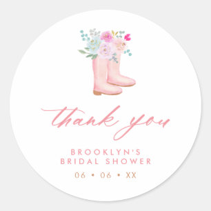 Pegatina Redonda Lluvia Floral Rosa Boots Bridal Shower Gracias
