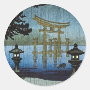 Pegatina Redonda Lluvia japonesa en Woodblock Art Ukiyo-e