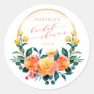 Pegatina Redonda Lluvia Nupcial Floral Acuarela Naranja Rústica