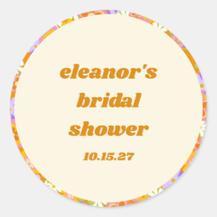 Pegatina Redonda Lluvia Nupcial Personalizada Floral Retro Naranja 