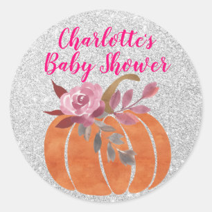 Pegatina Redonda Lluvia Otoñal Floral Calabaza Shower de Bebé Rosa