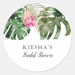 Pegatina Redonda Lluvia Tropical Verde Rosa Bridal Shower