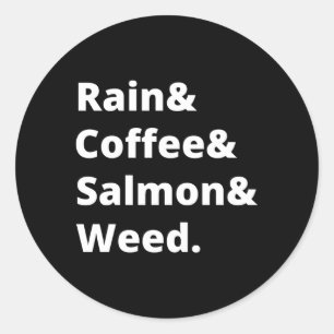 Pegatina Redonda Lluvia Y Café, Salmón Y Seattle De Malezas