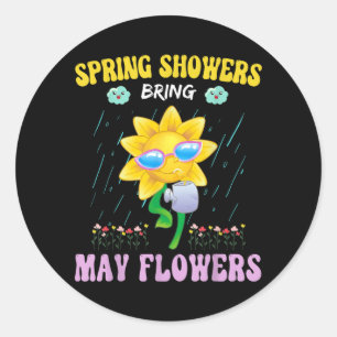 Pegatina Redonda Lluvias de primavera traen flores de mayo Lindos d