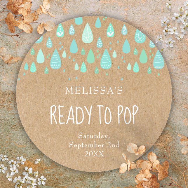 Pegatina Redonda Lluvias verdes rusticas de Kraft preparadas para e (Rustic Kraft Mint Green Raindrops Ready to Pop Classic Round Sticker)
