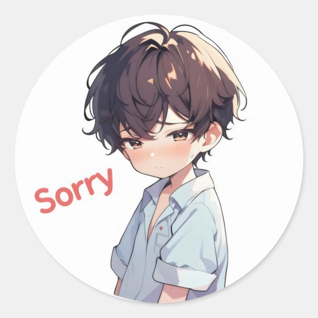 Pegatina Redonda Lo siento Triste Cute Anime Boy (Anverso)