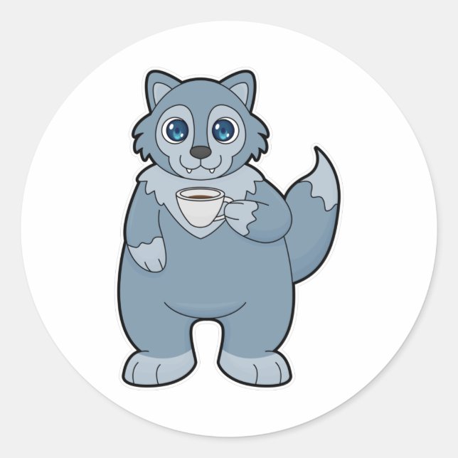 Pegatina Redonda Lobo con copa de café (Anverso)