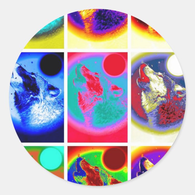 Pegatina Redonda Lobo de arte pop (Anverso)