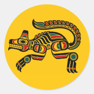 Pegatina Redonda Lobo de espíritu rojo y negro de Haida en amarillo