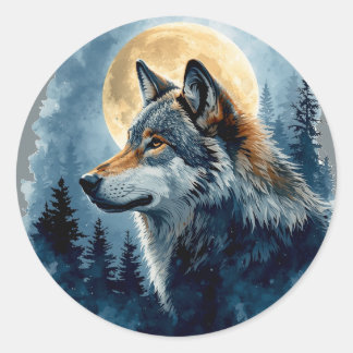 Pegatina Redonda Lobo de Luna Mística Arte Acuarela | Bosque Celest
