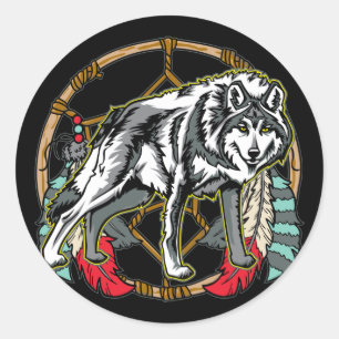Pegatina Redonda Lobo Dreamcatcher