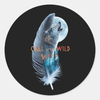 Pegatina Redonda Lobo en su punta aullando a la luna (2)