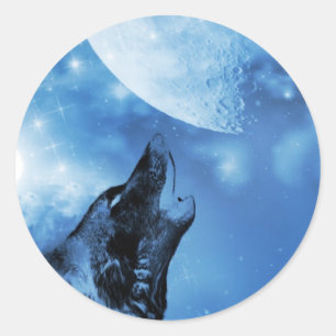 Pegatina Redonda Lobo fantasma aullando en la luna