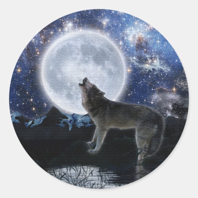 Pegatina Redonda Lobo gris y luna (Anverso)