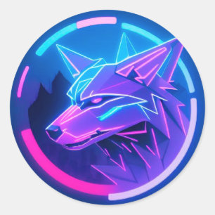 Pegatina Redonda Lobo Neon Geométrico Futurista Ciber Brillo Noctur