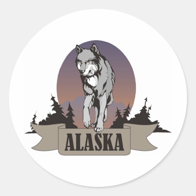Pegatina Redonda Lobo o coyote entre pinos de Alaska (Anverso)