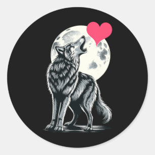 Pegatina Redonda Lobo sosteniendo corazón Día de San Valentín Lobos