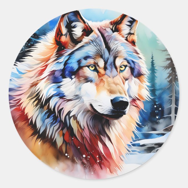 Pegatina Redonda Lobo vibrante en la nieve (Anverso)