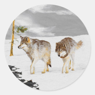 Pegatina Redonda Lobos en pintura de nieve - Arte de vida salvaje o