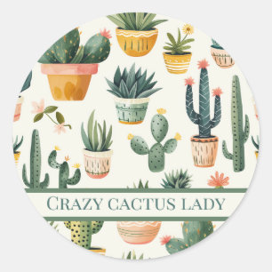 Pegatina Redonda "¡Loca cactus señora! texto sobre el diseño de un