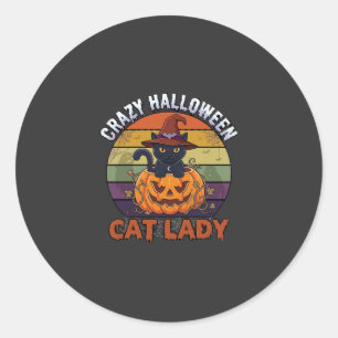 Pegatina Redonda Loca Señora Gato de Halloween Sombrero de Bruja de
