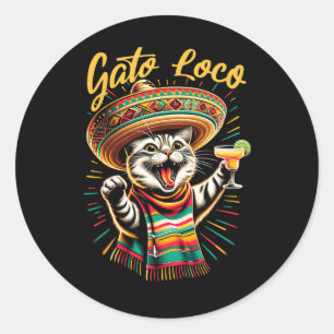 Pegatina Redonda Loco mexicano de Gato Sombrero Cat Cinco De Mayo F