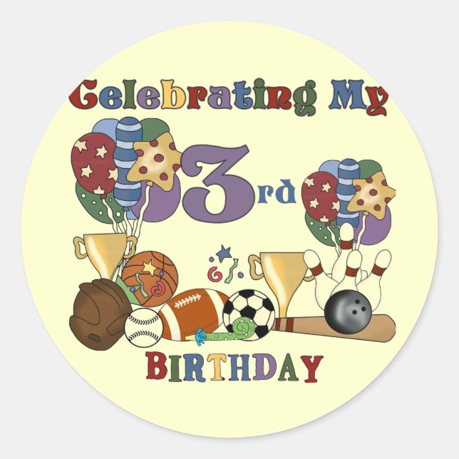 Pegatina Redonda Loco para los deportes Tercer cumpleaños camisetas (Anverso)
