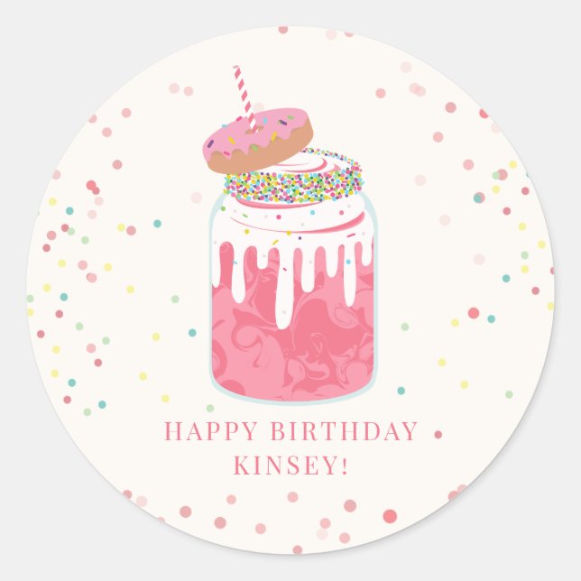 Pegatina Redonda Locura Milkshake Confetti Donut Pink Birday Party (Anverso)