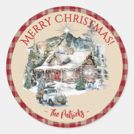 Pegatina Redonda Log Cabin in the Mountains Navidad Round Label