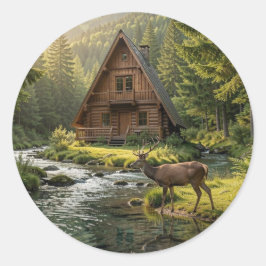 Pegatina Redonda Log Cabin, Stream, Mountains and Deer Nature Art