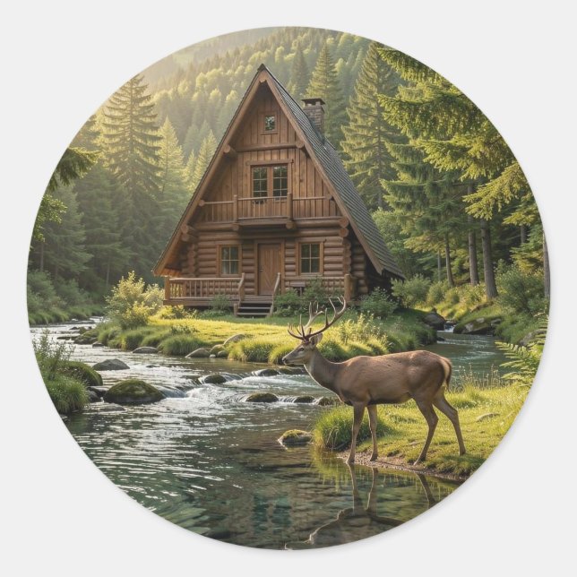 Pegatina Redonda Log Cabin, Stream, Mountains and Deer Nature Art (Anverso)