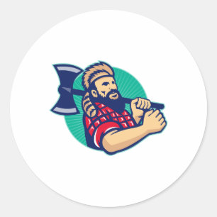 Pegatina Redonda Logger De Lumberjack Con Retro Ax