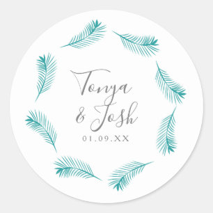 Pegatina Redonda Logo Circular Bodas Hojas de Palma Tropicales