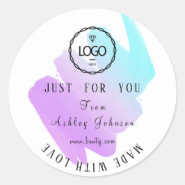 Pegatina Redonda Logo De Gracias Hecho Con Amor Azul Púrpura Rosa