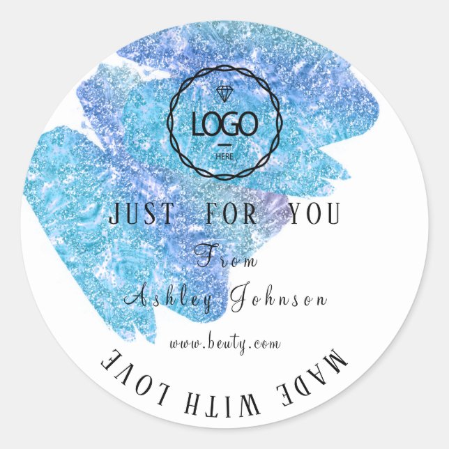 Pegatina Redonda Logo De Gracias Hecho Con Amor Azul Y Agua (Anverso)