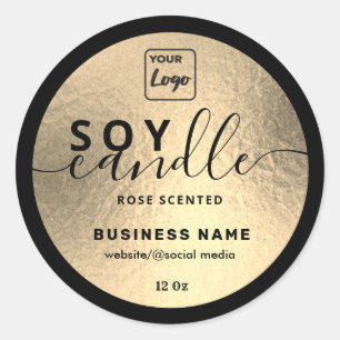 Pegatina Redonda Logo de la vela de soja con guión negro de oro de