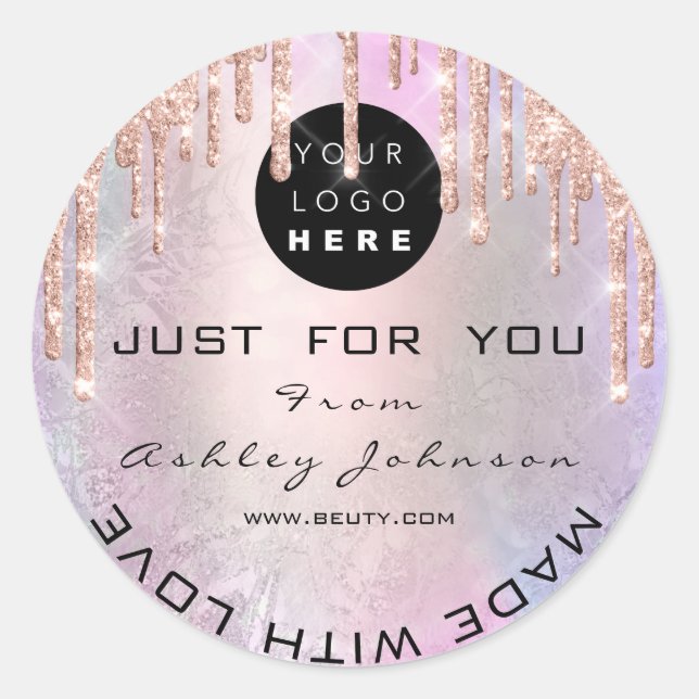 Pegatina Redonda Logo De purpurina Gracias Hecho Con Amor Rosa Rosa (Anverso)