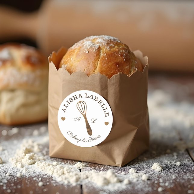 Pegatina Redonda Logo de Rustic Minimal Wooden Whisk Bakery (Rustic Minimal Wooden Whisk Bakery Logo Classic Round Sticker)