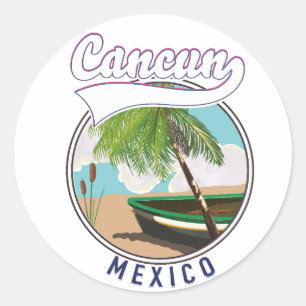 Pegatina Redonda Logo de viaje de Cancún México Beach