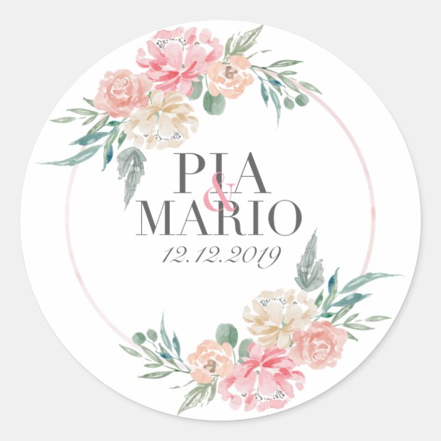 Pegatina Redonda Logo de Wreath boda con nombre y fecha de pareja (Anverso)