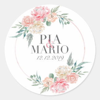 Pegatina Redonda Logo de Wreath boda con nombre y fecha de pareja